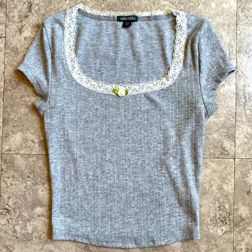 wild fable Gray Ribbed Scoop Neck Top with Lace Trim
